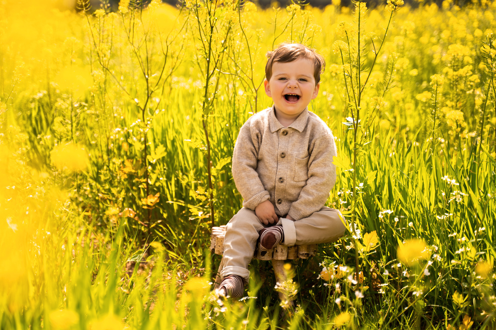 Enfant souriant dans champs de colza